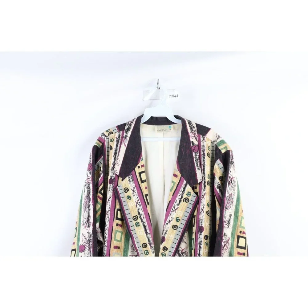 Vintage 90s Lagenlook 2XL Flax Linen Blend Abstract Button Blazer Jacket USA - Picture 2 of 9